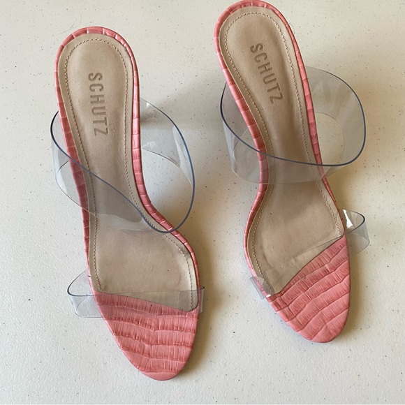 SCHUTZ Size 9.5 Ariella Pink Clear Vinyl Double Strap Slip-on Thin Stiletto Heel - Picture 2 of 6